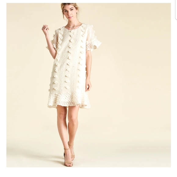 Macaron Dresses & Skirts - Macaron Womens Ruffle Hem PomPom Shift Dress Short Sleeve Cream Beige